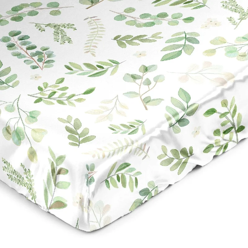 Sweet Jojo Designs Green Boho Floral Leaf Boy Girl Gender Neutral Unisex Satin Fitted Crib Sheet Bohemian Watercolor Botanical