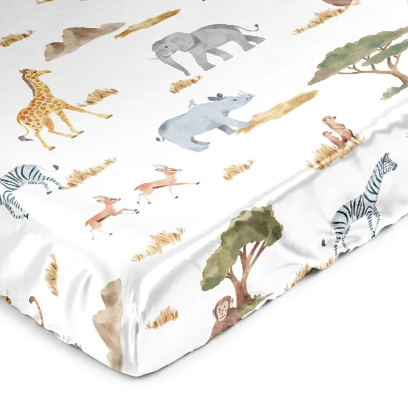 Sweet Jojo Designs Jungle Animals Boy Girl Gender Neutral Satin Fitted Crib Sheet Boho Wildlife Safari Elephants Giraffe Lion