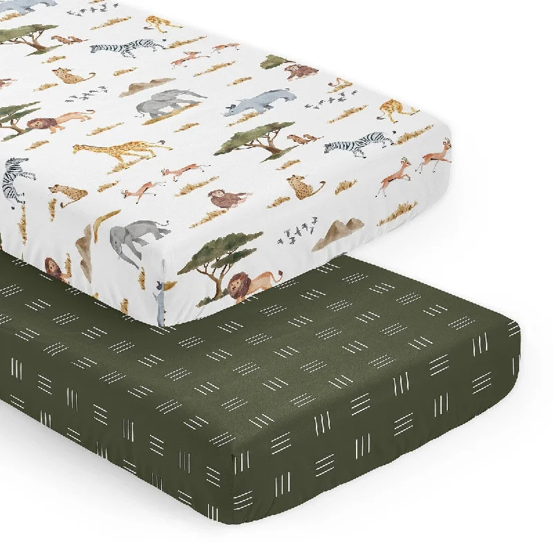 Sweet Jojo Designs Jungle Animals Boy Girl Gender Neutral Unisex 2 Pack Fitted Crib Sheets Boho Wildlife Safari Animal Elephant