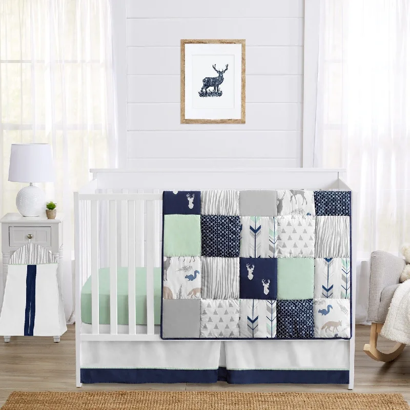 Sweet Jojo Designs Navy Blue Woodland Deer Boy Girl Gender Neutral 5p Nursery Crib Bedding Set Green Grey Woodsy Forest Arrow