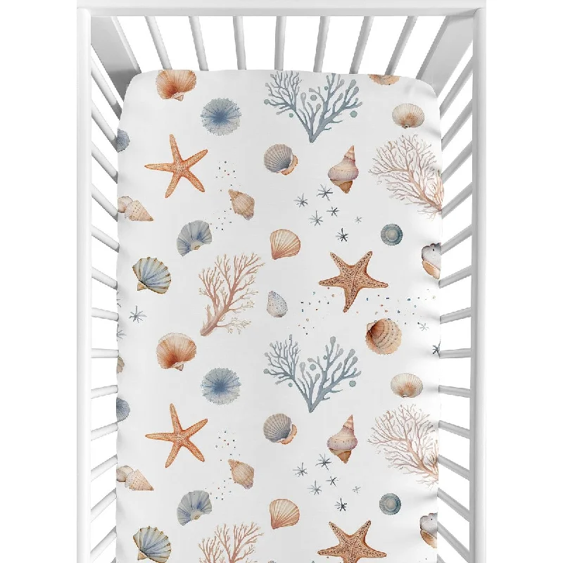 Sweet Jojo Designs Ocean Seashells Boy Girl Gender Neutral Unisex Fitted Crib Sheet Orange Blue Beige Nautical Beach Watercolor