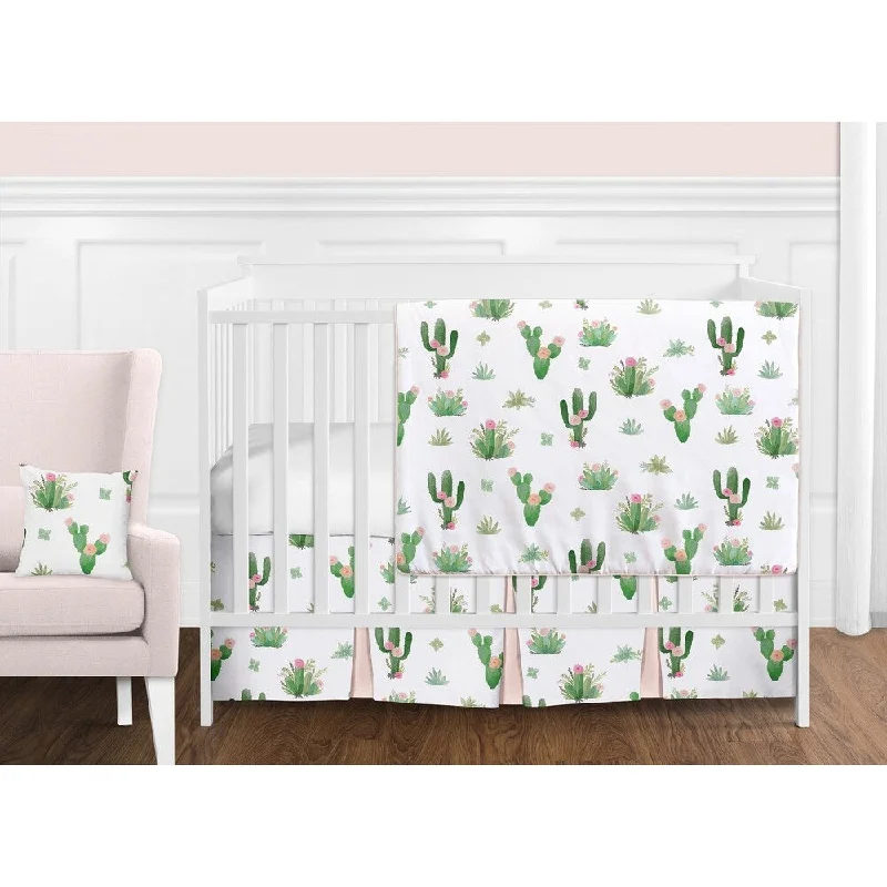 Sweet Jojo Designs Pink and Green Boho Watercolor Cactus Floral Collection Girl 11-piece Bumperless Crib Bedding Set