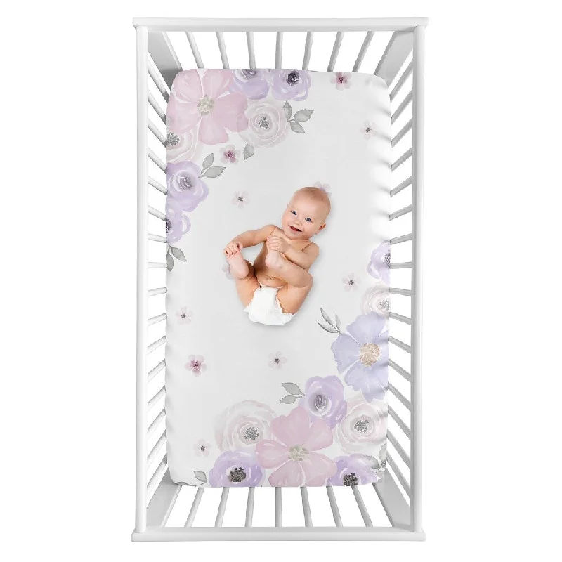 Sweet Jojo Designs Shabby Chic Floral Girl Photo Op Fitted Crib Sheet - Lavender Purple Pink and Grey Watercolor Rose Flower