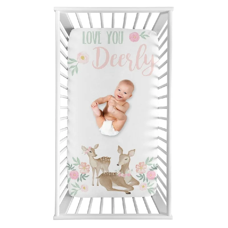 Sweet Jojo Designs Woodland Deer Floral Girl Photo Op Fitted Crib Sheet - Blush Pink Mint Green Boho Watercolor Love You Deerly