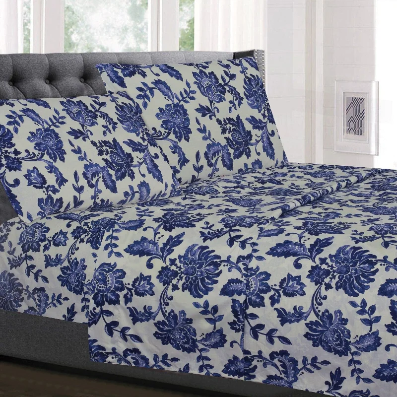 Tuscany Navy Floral 4 Pcs Microfiber Sheet Set