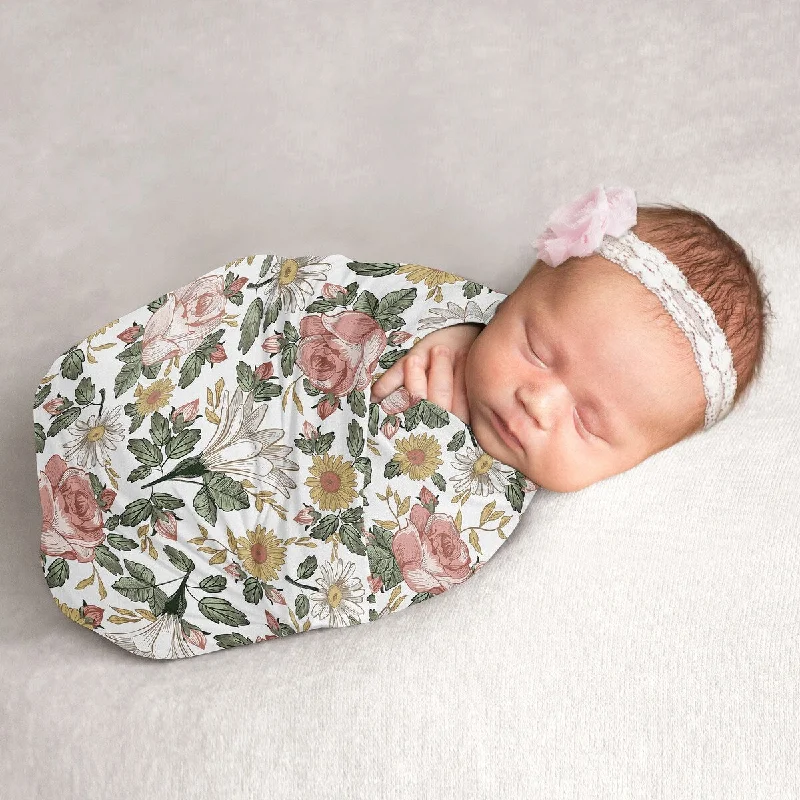 Vintage Floral Boho Collection Girl Baby Swaddle Receiving Blanket - Pink Yellow Green Shabby Chic Rose Flower Farmhouse