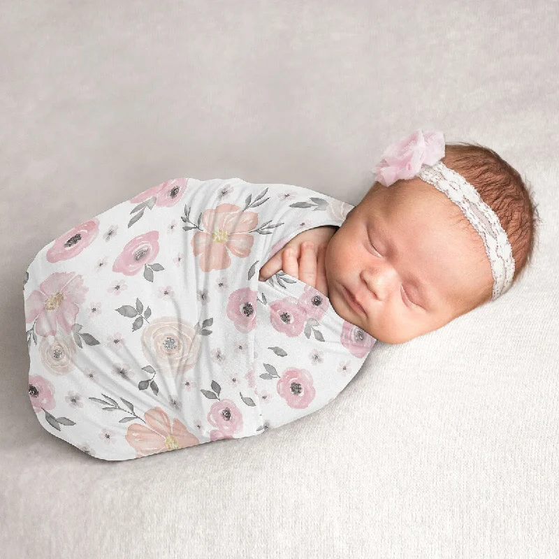 Watercolor Floral Collection Girl Baby Swaddle Receiving Blanket - Blush Pink, Grey and White Boho Shabby Chic Rose Flower