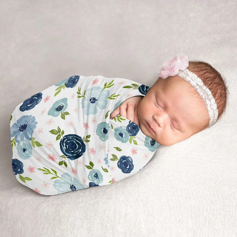 Watercolor Floral Collection Girl Baby Swaddle Receiving Blanket - Navy Blue and Blush Pink Boho Shabby Chic Rose Flower