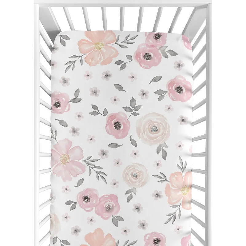 Watercolor Floral Collection Girl Cotton Fitted Crib Sheet - Blush Pink, Grey and White Boho Shabby Chic Rose Flower 100% Cotton