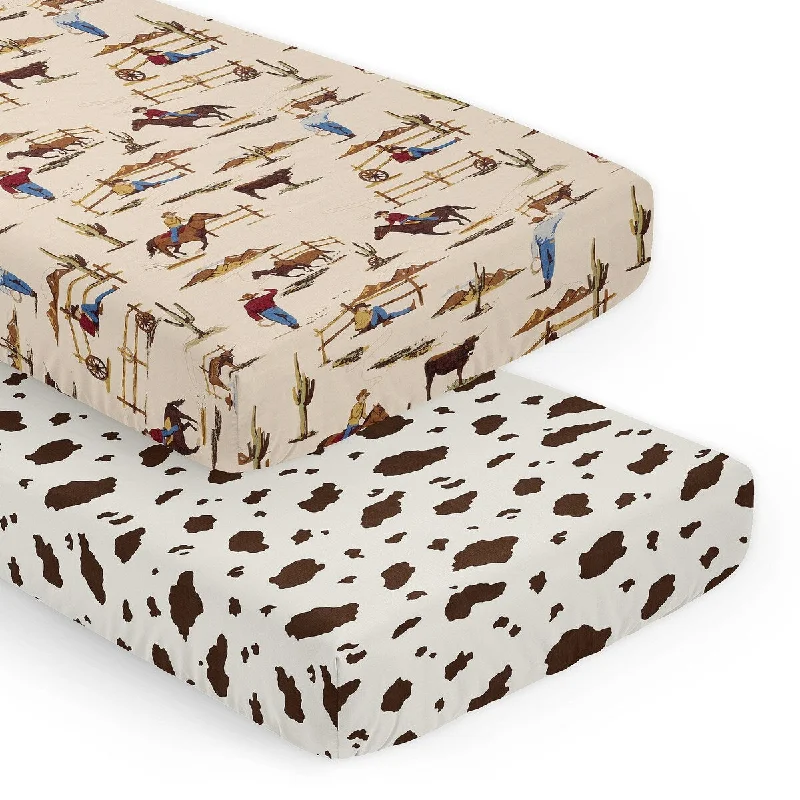 Wild West Collection Boy 2 Pack Fitted Crib Sheets Tan Brown Red Southern Country Blue White Horse Off White Cow Print Animal