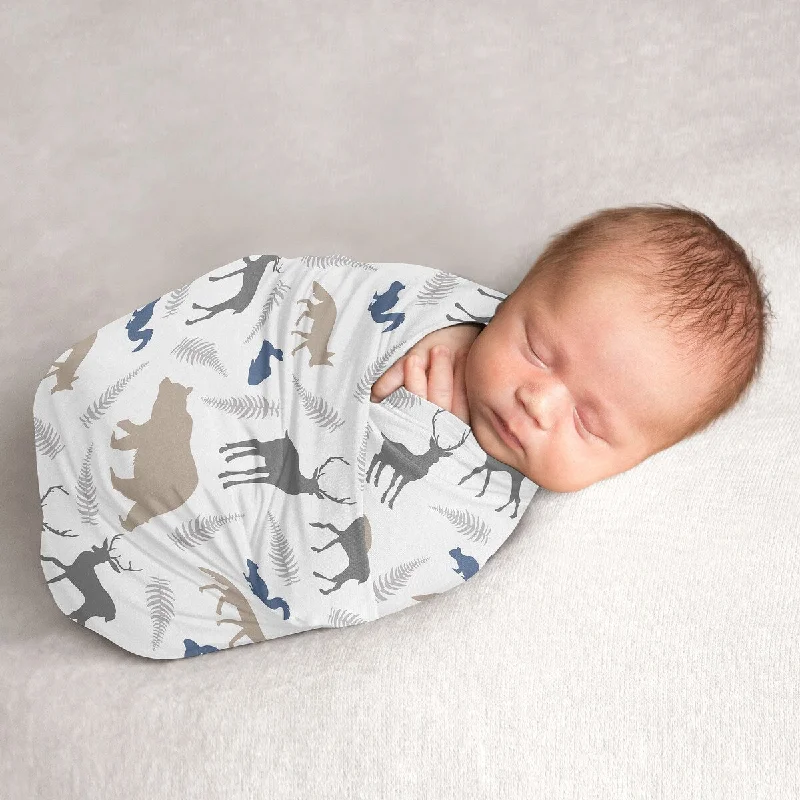 Woodland Animals Collection Boy Baby Swaddle Receiving Blanket - Blue, Grey and Tan Forest Bear Deer Fox