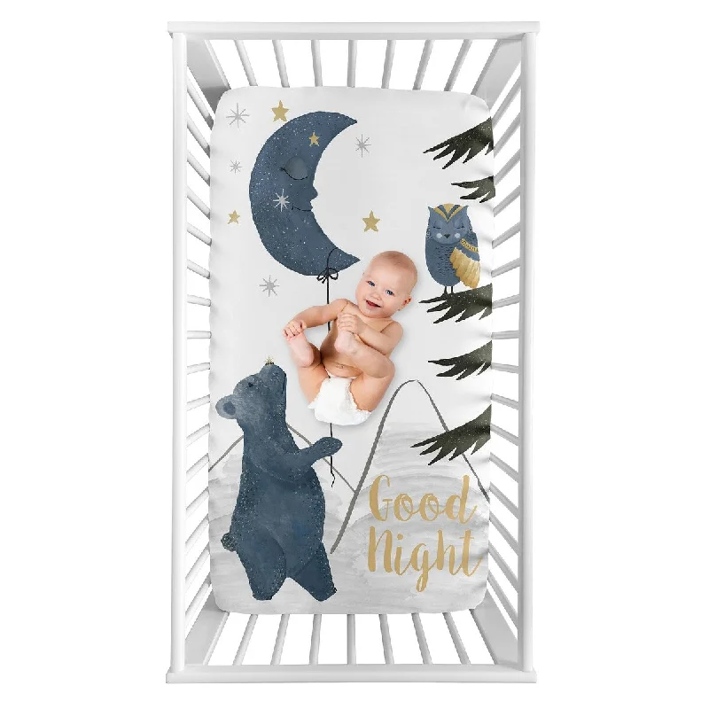 Woodland Bear and Owl Boy or Girl Photo Op Fitted Crib Sheet - Navy Blue Grey Gold Black Celestial Moon Star Watercolor Forest