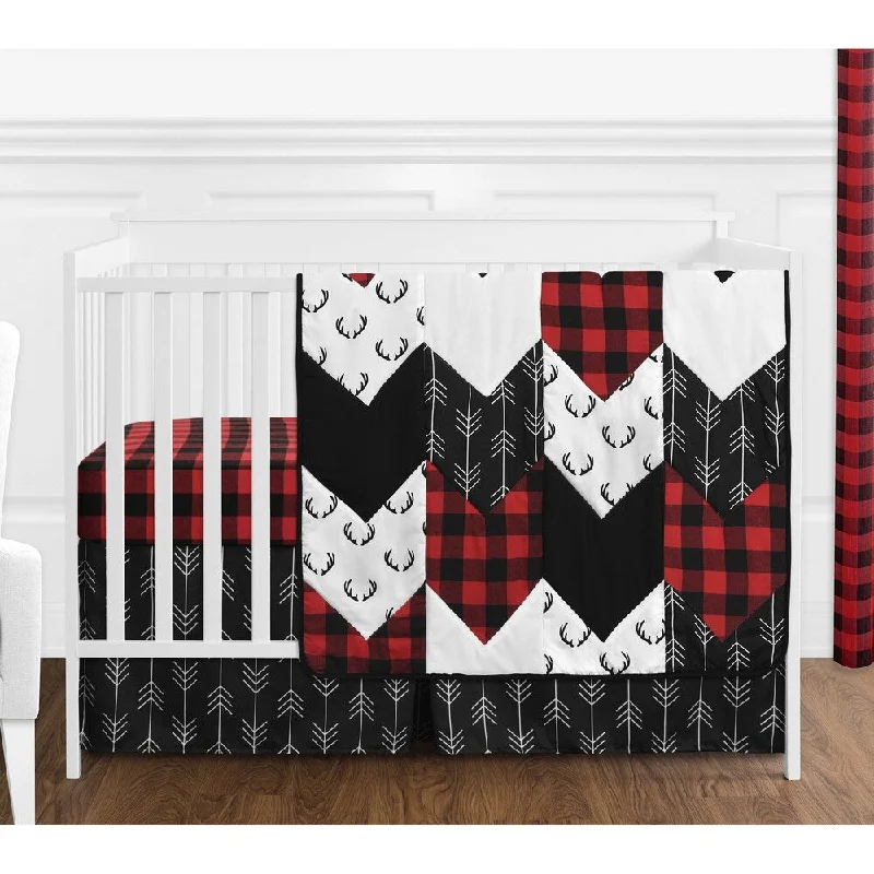 Woodland Buffalo Plaid Collection Boy 4pc Nursery Crib Bedding Set - Red and Black Rustic Country Deer Lumberjack Arrow