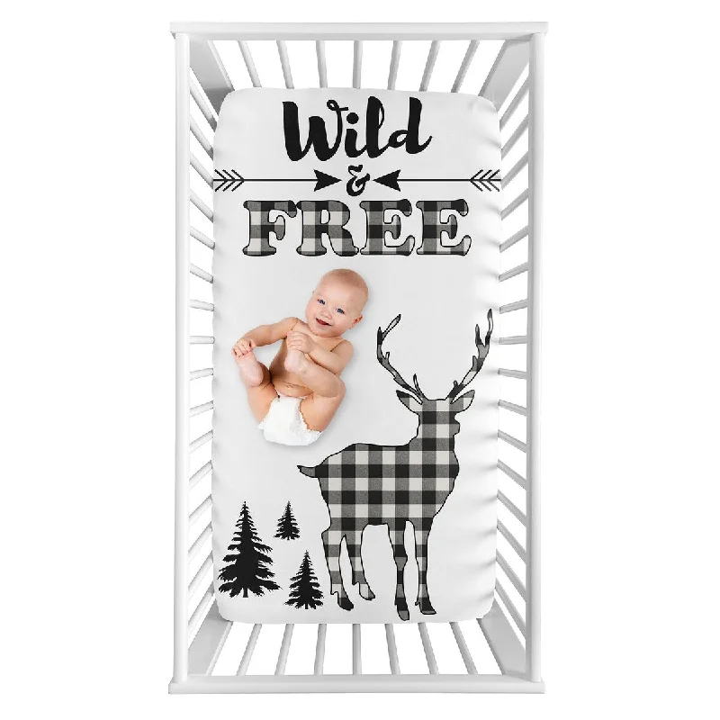 Woodland Buffalo Plaid Collection Boy Photo Op Fitted Crib Sheet - Black White Rustic Country Deer Lumberjack Arrow Wild & Free