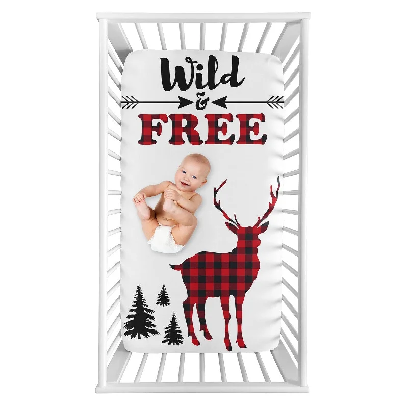 Woodland Buffalo Plaid Collection Boy Photo Op Fitted Crib Sheet - Red and Black Rustic Country Deer Lumberjack Arrow