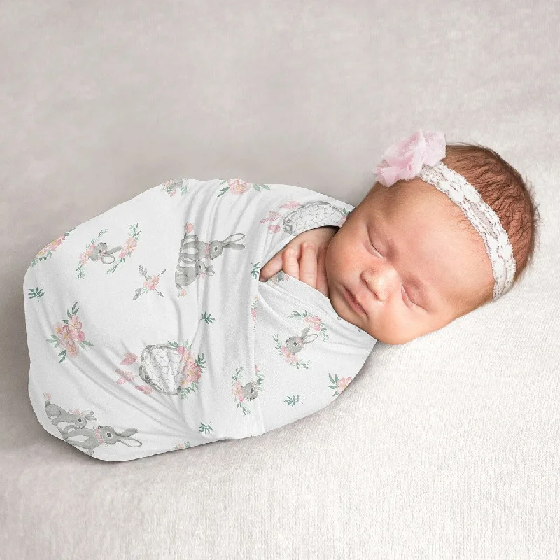 Woodland Bunny Floral Collection Girl Baby Swaddle Receiving Blanket - Blush Pink and Grey Boho Watercolor Rose Flower Forest