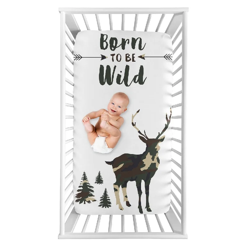 Woodland Camo Deer Collection Boy Photo Op Fitted Crib Sheet - Beige, Green and Black Rustic Forest Animal Camouflage