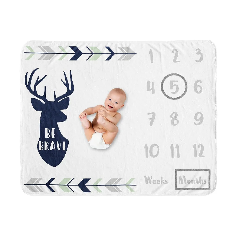 Woodland Deer Collection Boy Baby Monthly Milestone Blanket - Navy Blue, Mint and Grey Woodsy Forest Arrow Be Brave