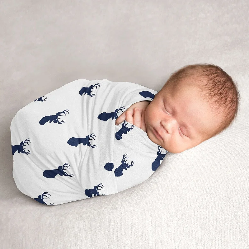 Woodland Deer Collection Boy Baby Swaddle Receiving Blanket - Navy Blue and White Forest Animal Stag Antler