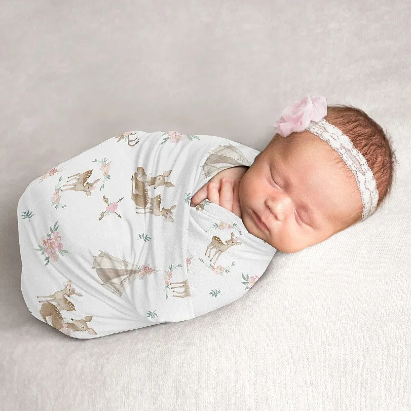 Woodland Deer Floral Collection Girl Baby Swaddle Receiving Blanket - Blush Pink, Mint Green and White Boho Watercolor Forest