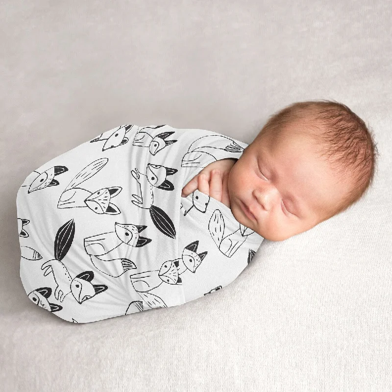 Woodland Fox Collection Boy or Girl Baby Swaddle Receiving Blanket - Black and White Forest Animal Gender Neutral Unisex