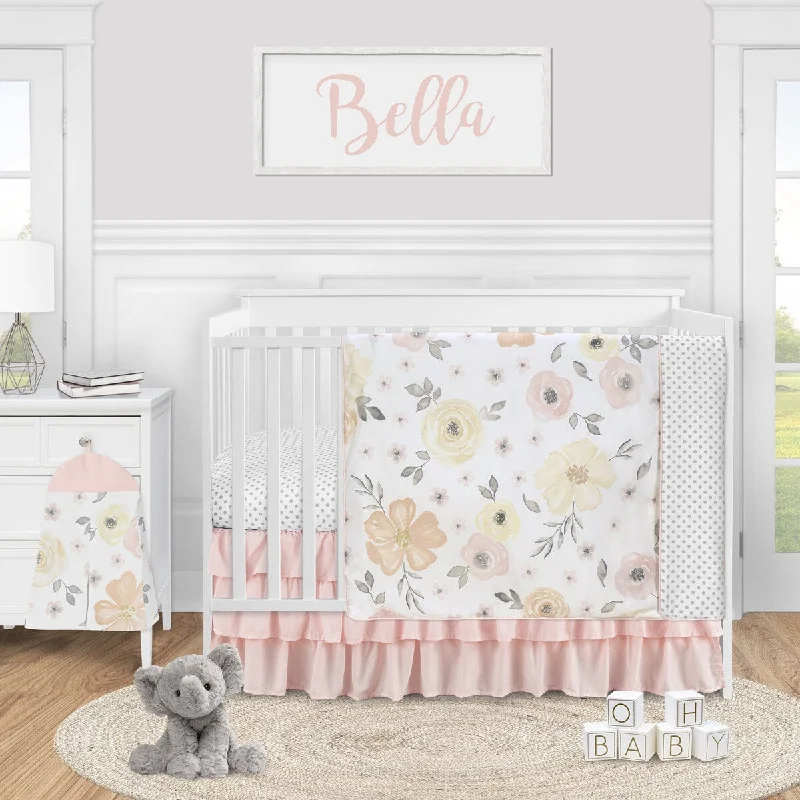 Yellow and Pink Watercolor Floral Girl 4pc Nursery Crib Bedding Set - Blush Peach Grey White Shabby Chic Rose Flower Farmhouse