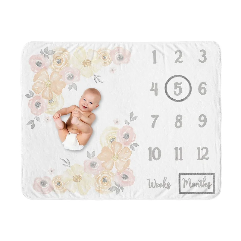 Yellow Pink Watercolor Floral Girl Baby Monthly Milestone Blanket - Blush Peach Orange Grey Shabby Chic Rose Flower Farmhouse