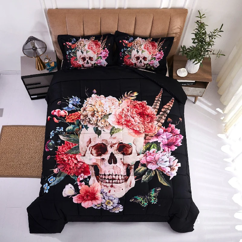 3D Reactive Print Skull Flower All Season Comforter Set Twin -S9