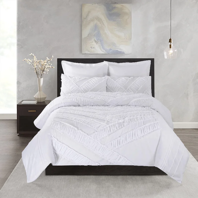 5 Piece Oversize Solid White Handmade Ruffle Comforter Set