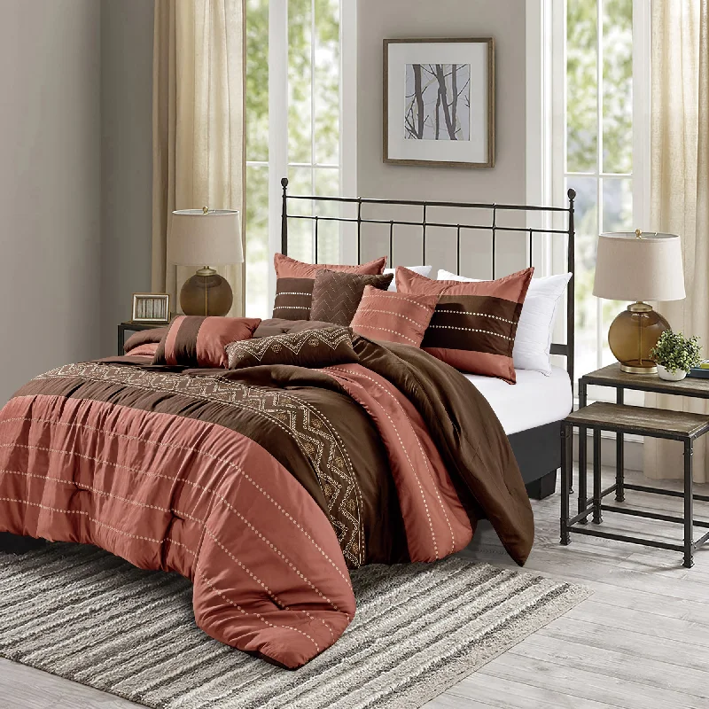 7 Piece Copper Brown Classic Emroidered Comforter Set Super Soft Microfiber Bed in a Bag Queen King Size