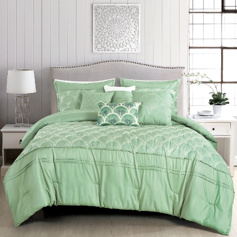 7 Piece Light Green Scalloped Emroidered Comforter Set Super Soft Microfiber Bed in a Bag Queen King Size