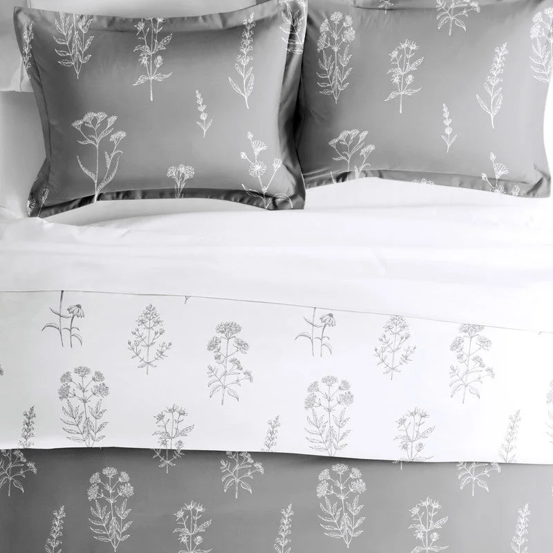 Botany Floral Light Gray Reversible Pattern Duvet Cover Set Ultra Soft Microfiber Bedding