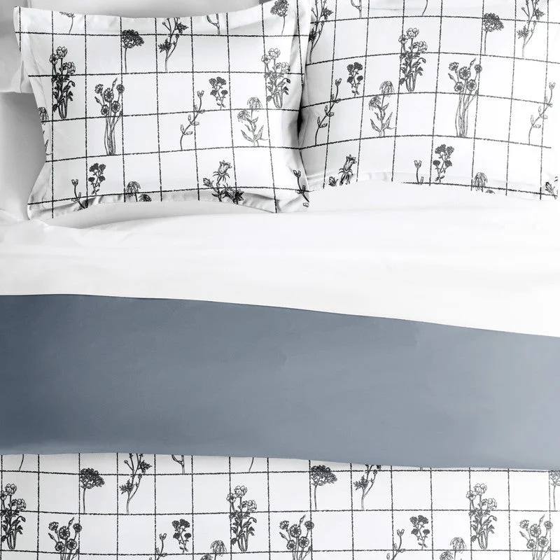 Flower Field Gray Reversible Pattern Duvet Cover Set Ultra Soft Microfiber Bedding, Full/Queen