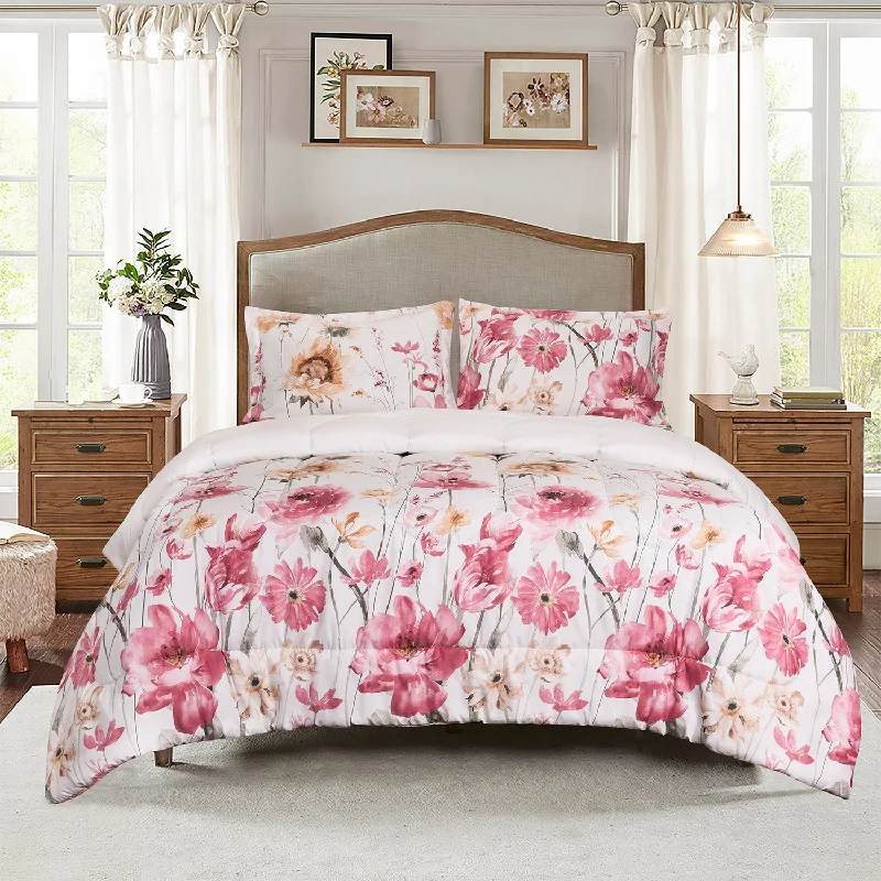 HIG 3 Piece Bohemian Floral Print Comforter Set for Queen King Bed, Pastoral Style Lightweight Duvet Set for Bedroom Decor