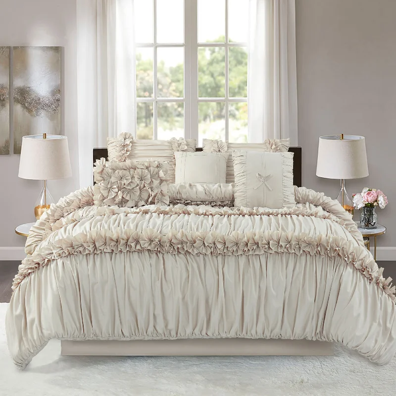 HIG 7 Piece Ruched Pleat Comforter Set Camel and White Romantic Bed in a Bag Queen King Size