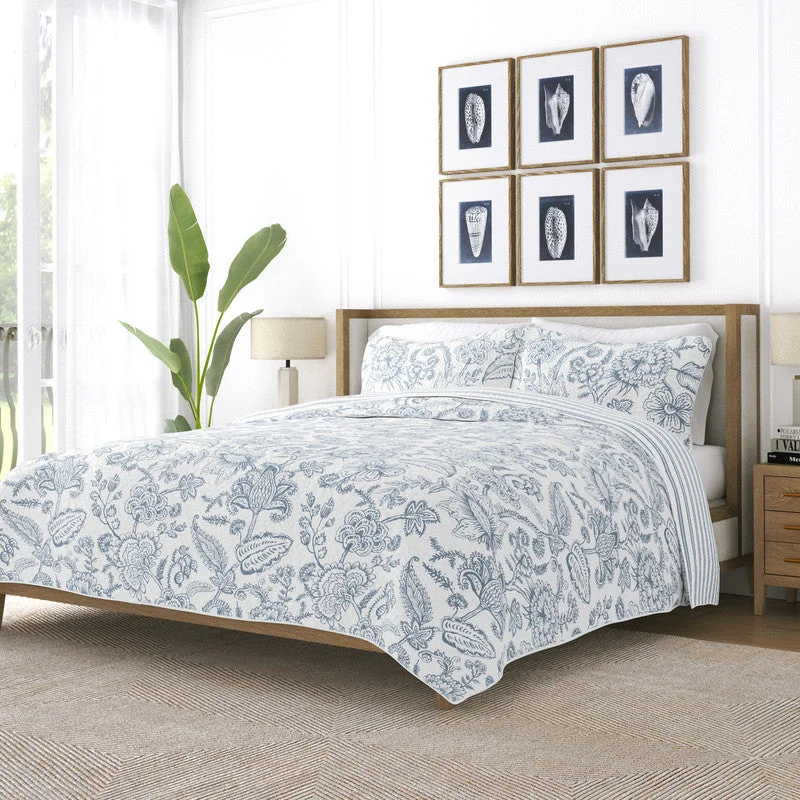 Jacobean Dusk Blue Reversible Pattern Quilt Coverlet Set Ultra Soft Microfiber Bedding