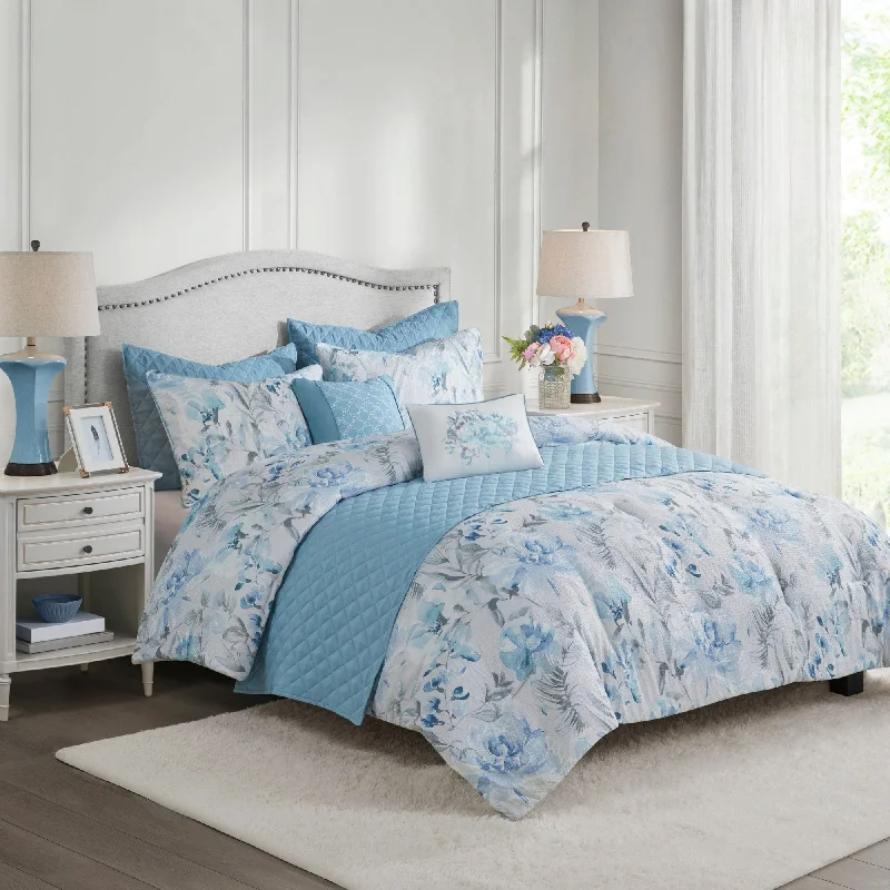 Madison Park Zayden Blue 8 Piece Printed Seersucker Comforter and Quilt Set Collection