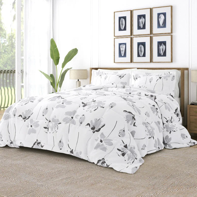 Magnolia Light Gray Pattern Comforter Set Down-Alternative Ultra Soft Microfiber Bedding, King/Cal-King