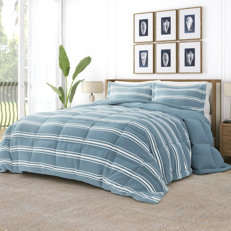 Soft Stripe Light Blue Reversible Pattern Comforter Set Down-Alternative Ultra Soft Microfiber Bedding