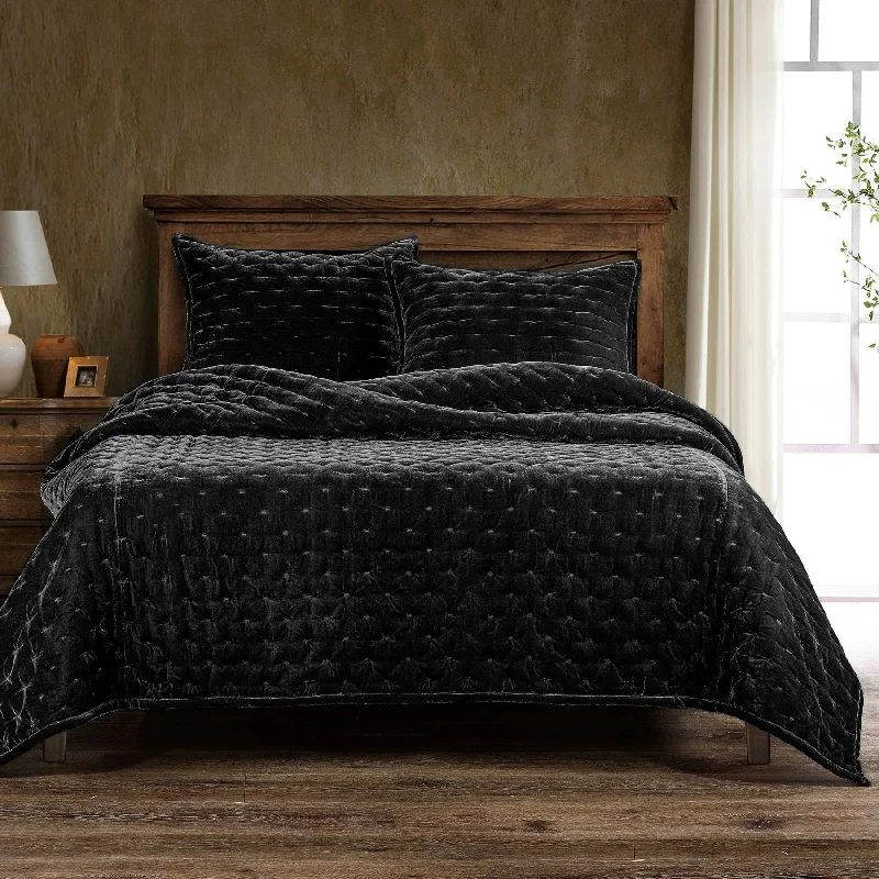 Stella Black Faux Silk Velvet Quilt Set