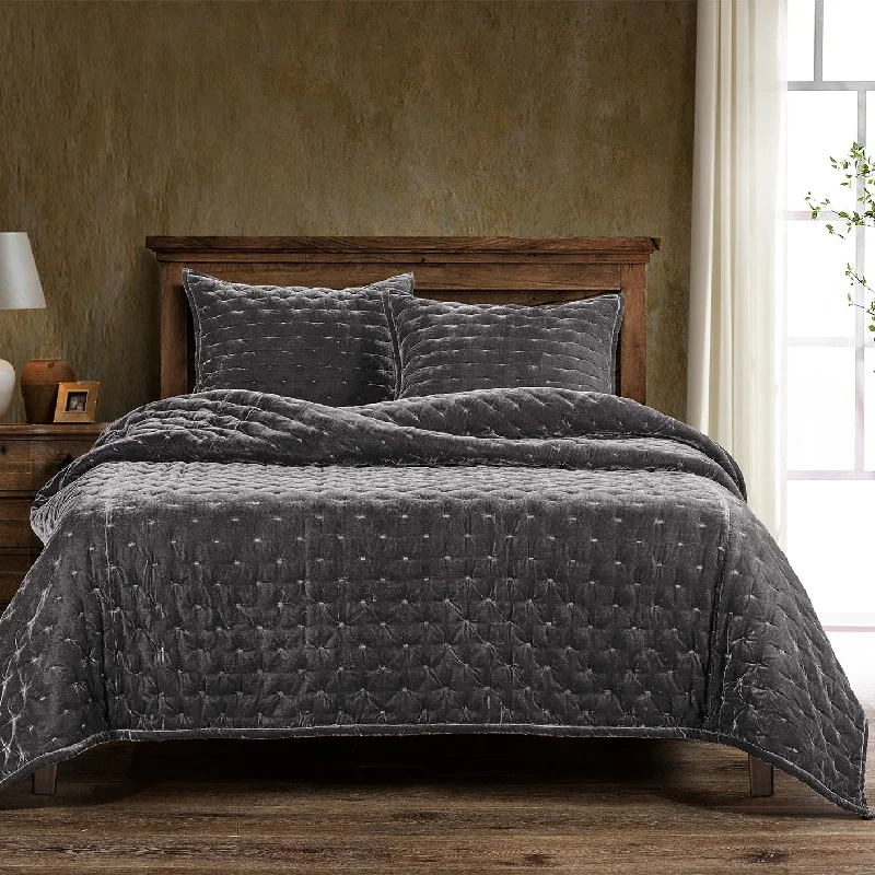 Stella Dark Slate Faux Silk Velvet Quilt Set