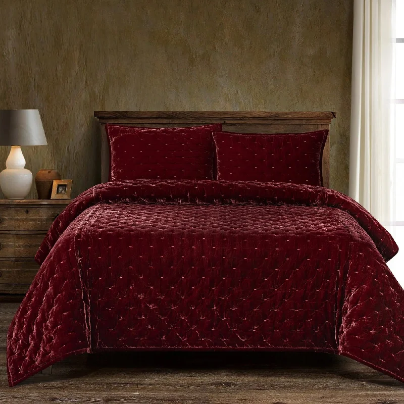 Stella Garnet Red Faux Silk Velvet Quilt Set