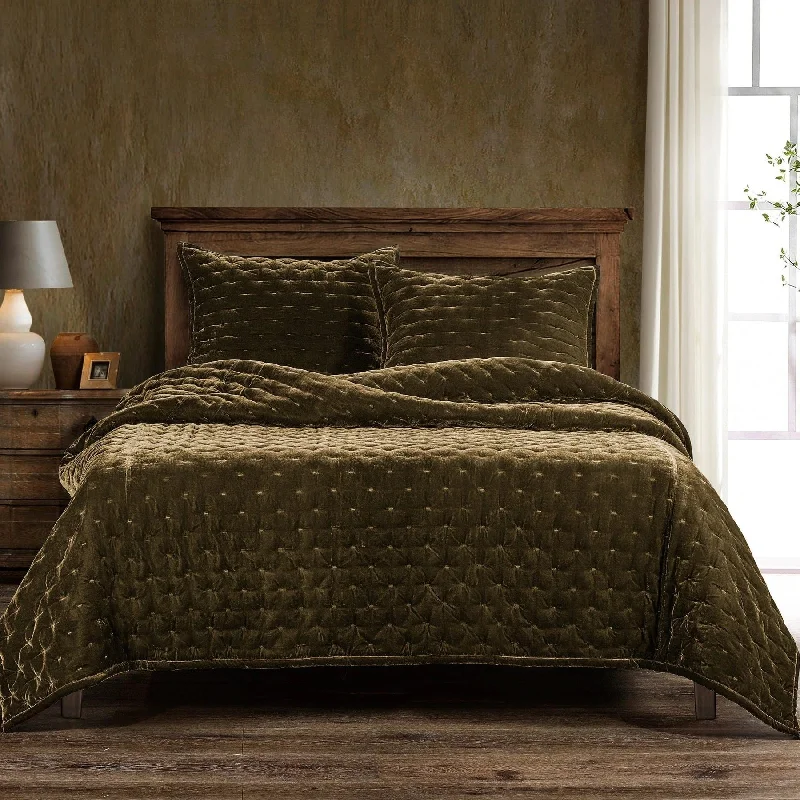 Stella Green Ochre Faux Silk Velvet Quilt Set