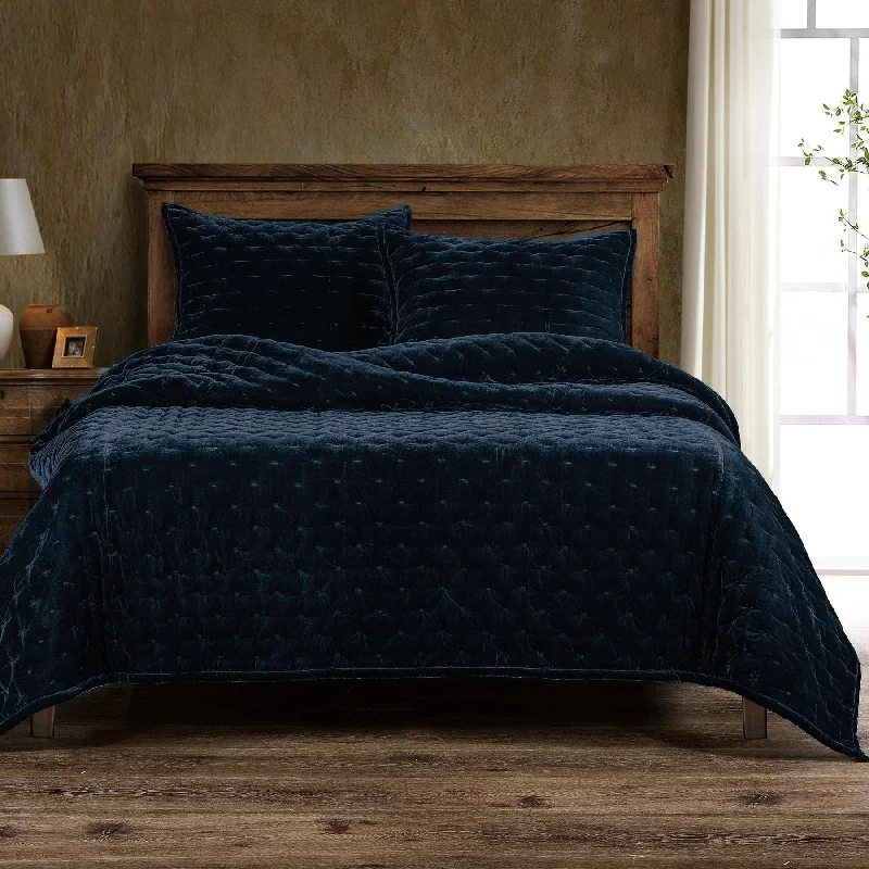 Stella Midnight Blue Faux Silk Velvet Quilt Set